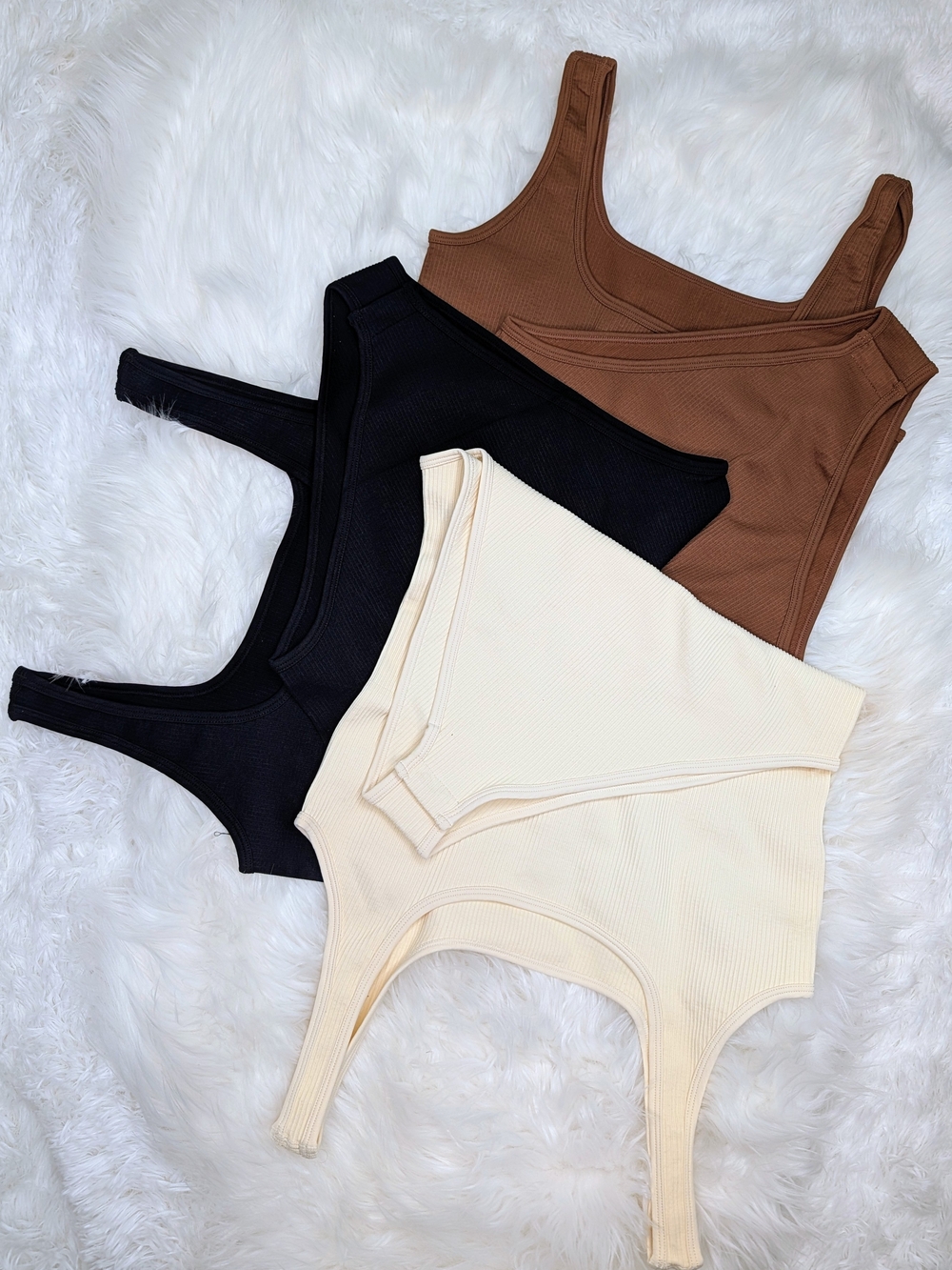 Ribbed Scoop Neck Bodysuit - Black, Cream & Brown